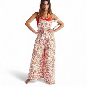 Free People Bohemian Floral Jumpsuit in Red and Cream